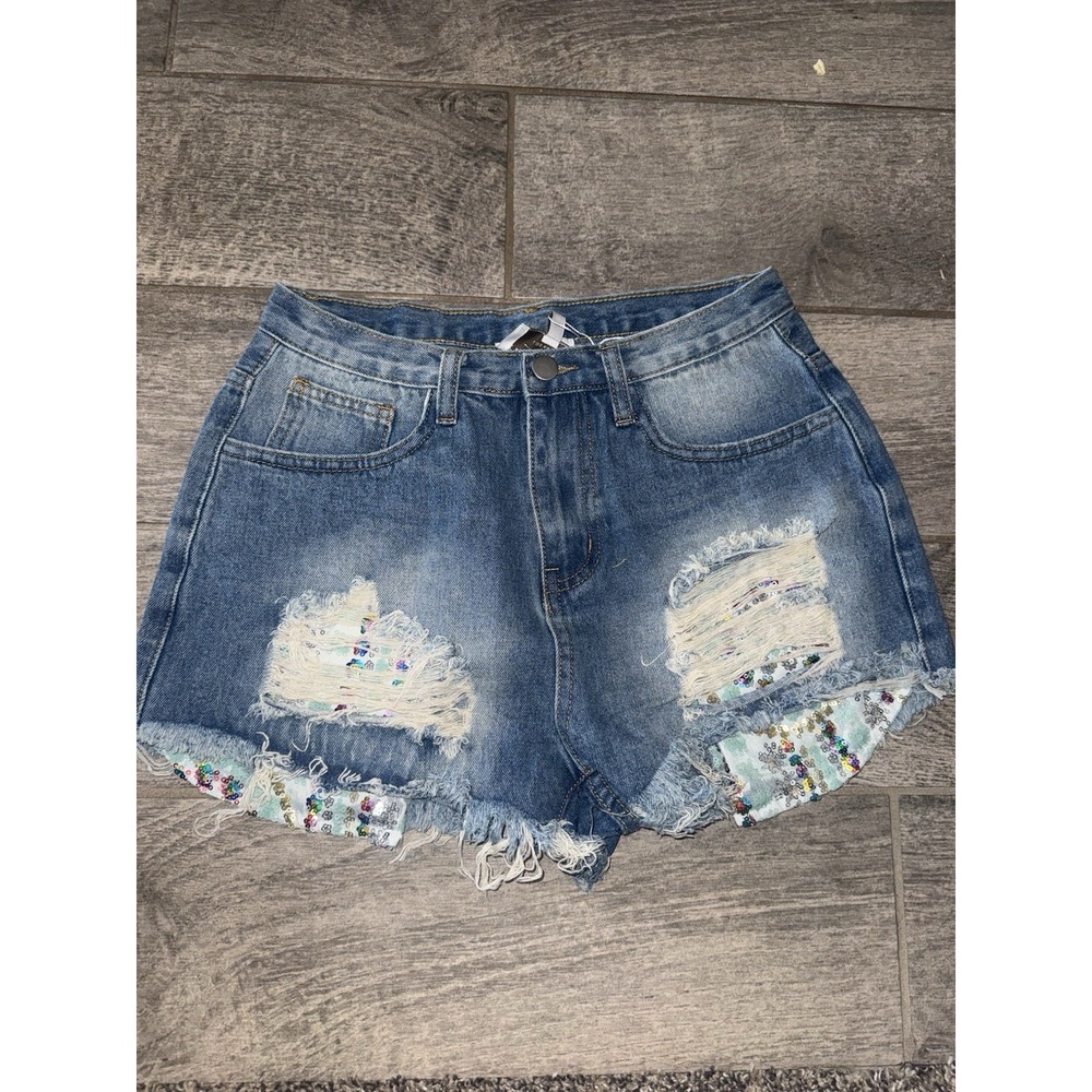 Hayden Los Angeles Distressed Denim Shorts with Sequin Accents -Small